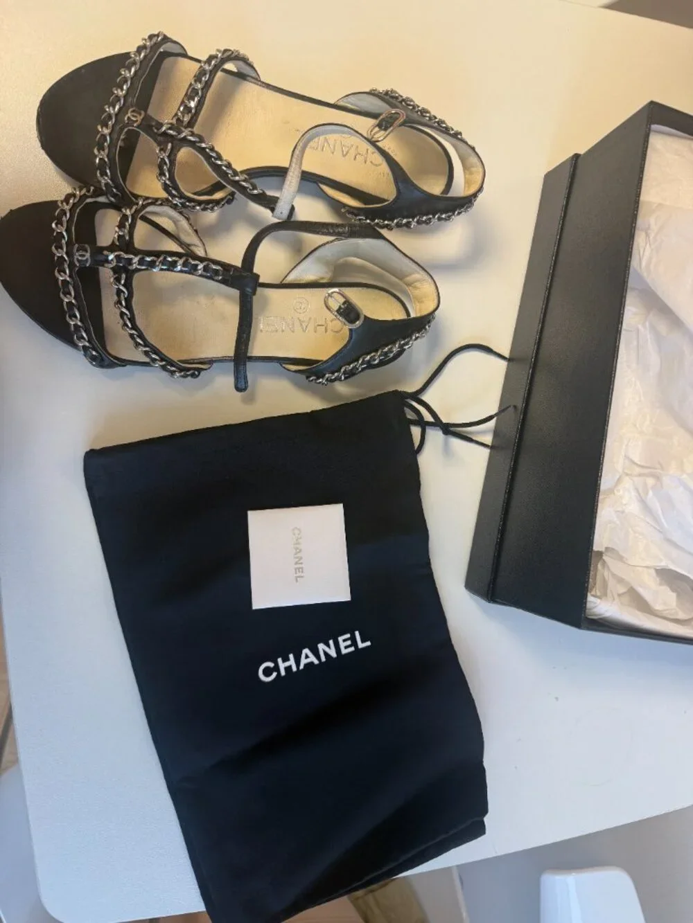 Chanel Black Leather Chain CC Logo Flat Sandal Size 37 Box Dust Bag Italy
